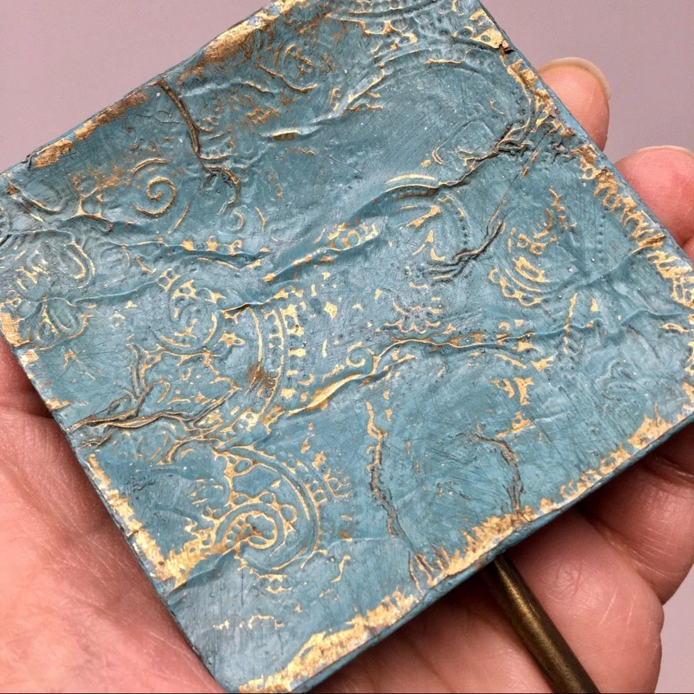 Pair of Victorian Inspired Square Turquoise Gold Paisley and Skeleton Key Hooks